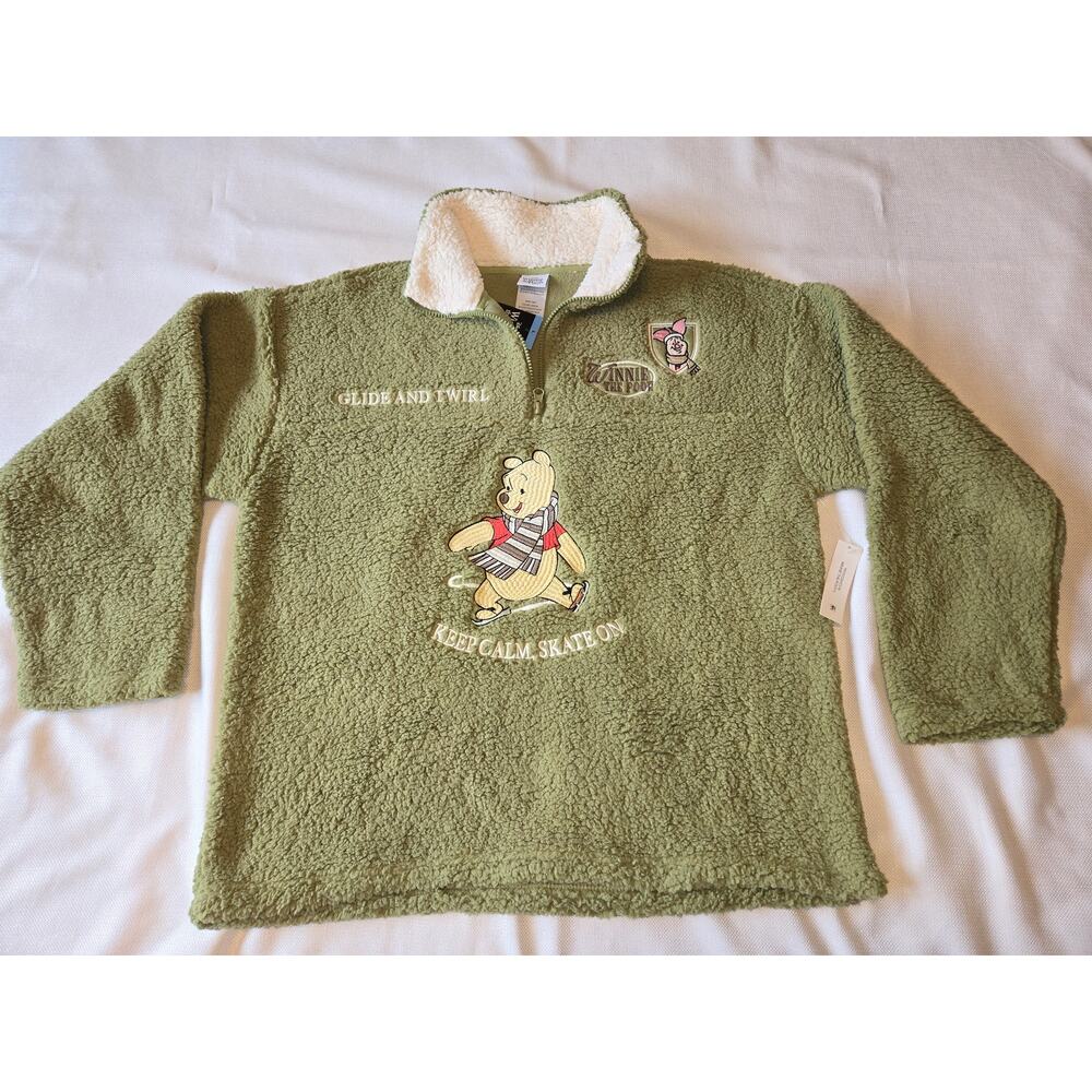 Sz XL DISNEY Green Winnie The Pooh Piglet Skating 1/4 Zip Sherpa Jacket